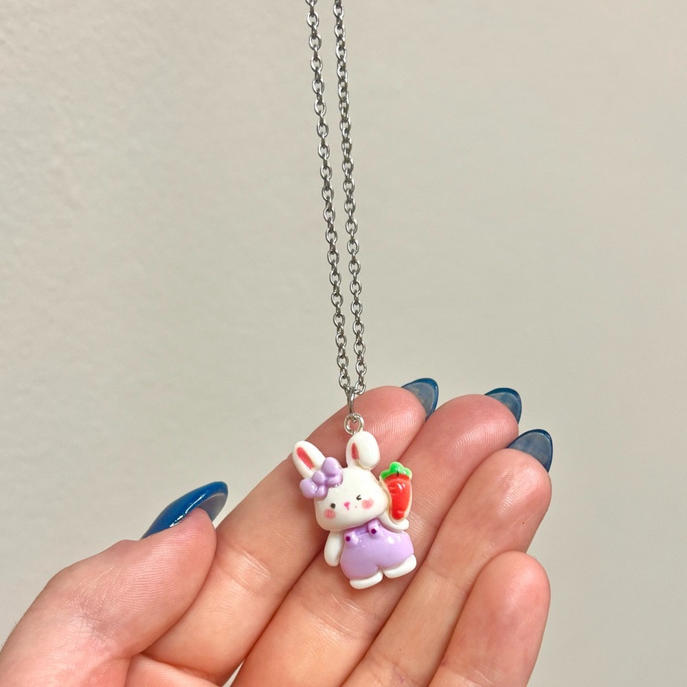 HANDCRAFTED - UPCYCLED 🐰 Bunny & Carrot Charm Pendant Necklace